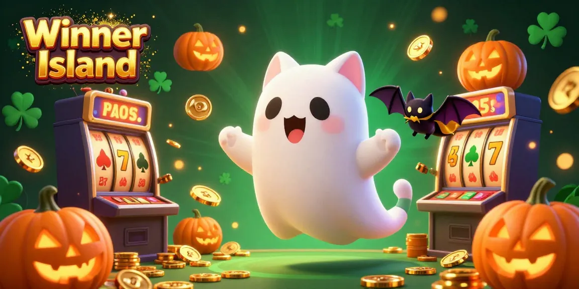 Engage with the vibrant atmosphere of Winner Island, featuring a friendly ghost cat and bat in a lively casino.