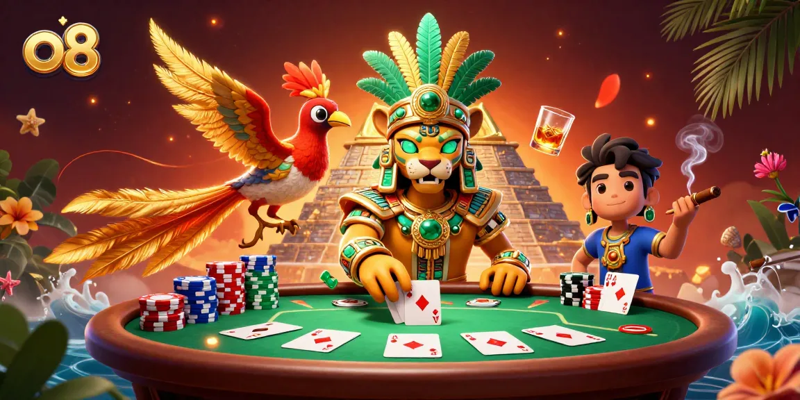 Experience the excitement at o8 with vibrant casino games around a Mayan jaguar priest and quetzal bird.