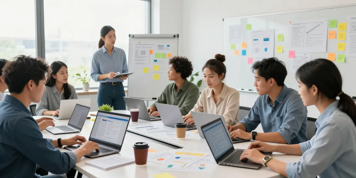 Download WPS Office demonstrated in a vibrant team workspace with professionals collaborating over laptops and notes.