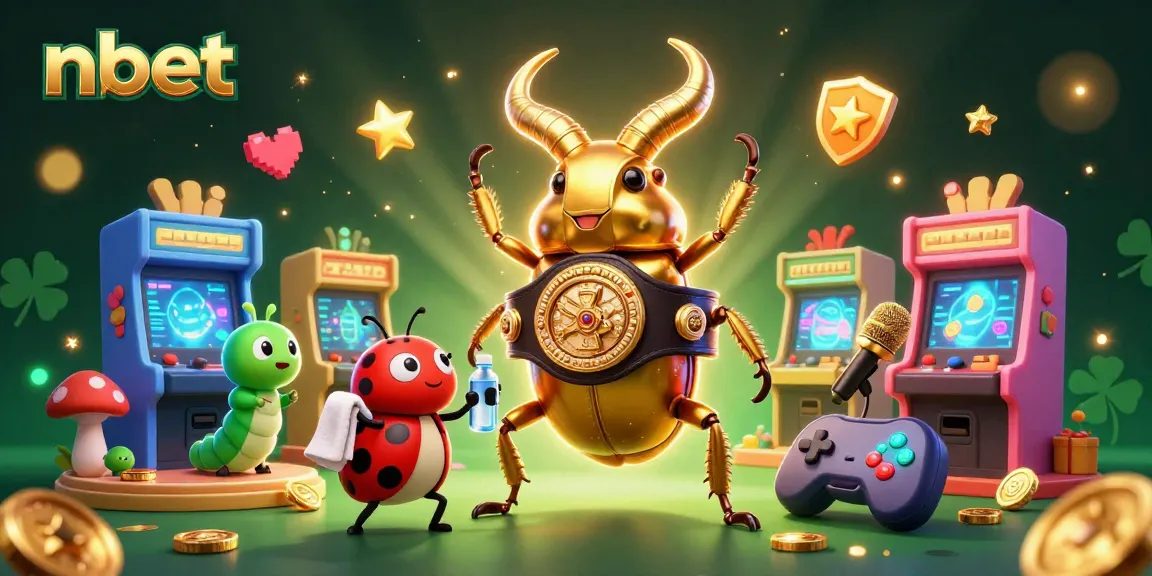 Engage with nbet's colorful 3D casino scene featuring a beetle boxer and gaming excitement.