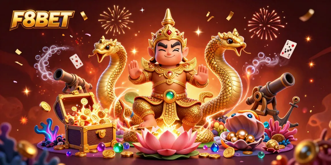 Engage with F8BET's vibrant 3D gambling experience featuring a guardian, treasures, and lively casino elements.