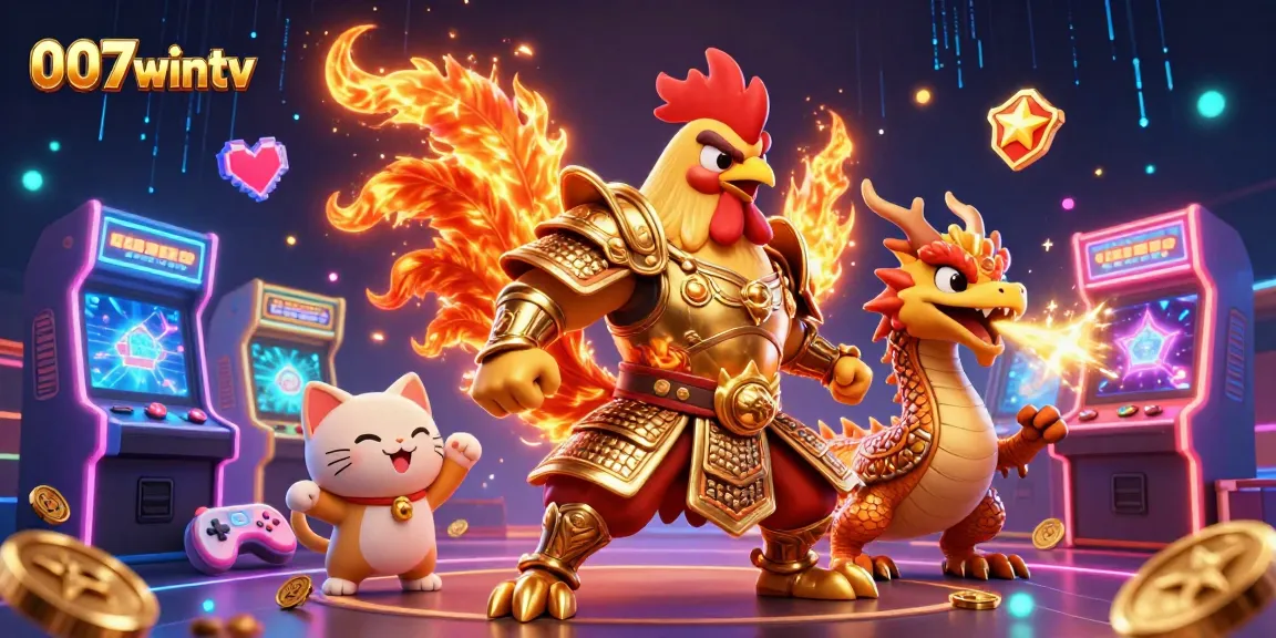 Engage in thrilling battles at 007wintv with a rooster warrior and dragon hatchling in an electrifying casino.