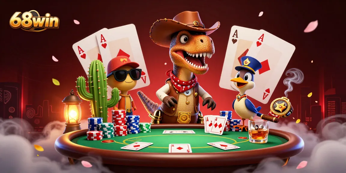Engage with the vibrant gaming world at 68win, featuring poker elements and dynamic characters in action.