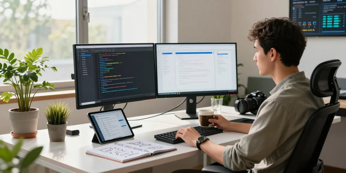 Build internal tools with AI in a modern workspace featuring a developer coding on dual monitors with natural light.