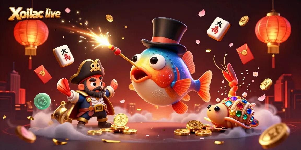 Xoilac live shines as the anglerfish attracts golden coins in a captivating casino scene.