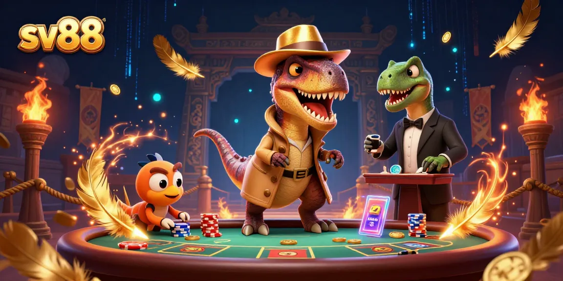 Exciting sv88 casino scene with a velociraptor card counter, stegosaurus pit boss, and a sneaky compy pickpocket.