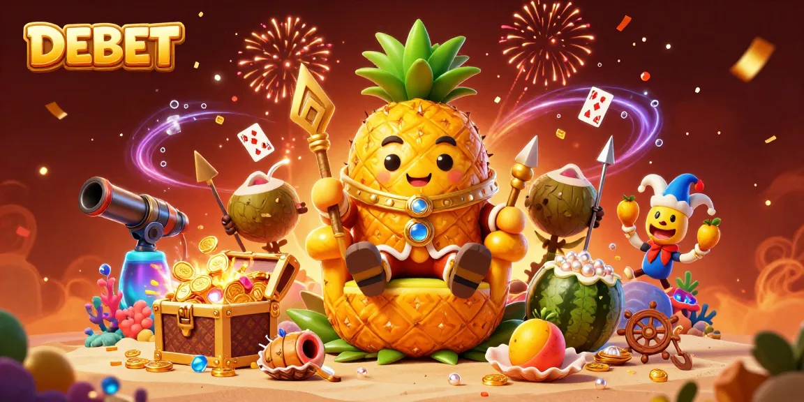 Experience the excitement of DEBET with golden treasures and vibrant casino elements in a 3D dynamic celebration.