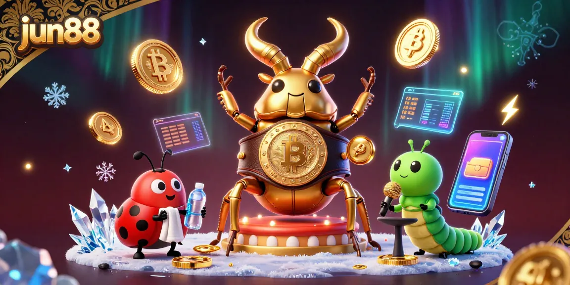 Experience the thrill of jun88 with a vibrant 3D illustration of a beetle boxing champion surrounded by crypto elements.