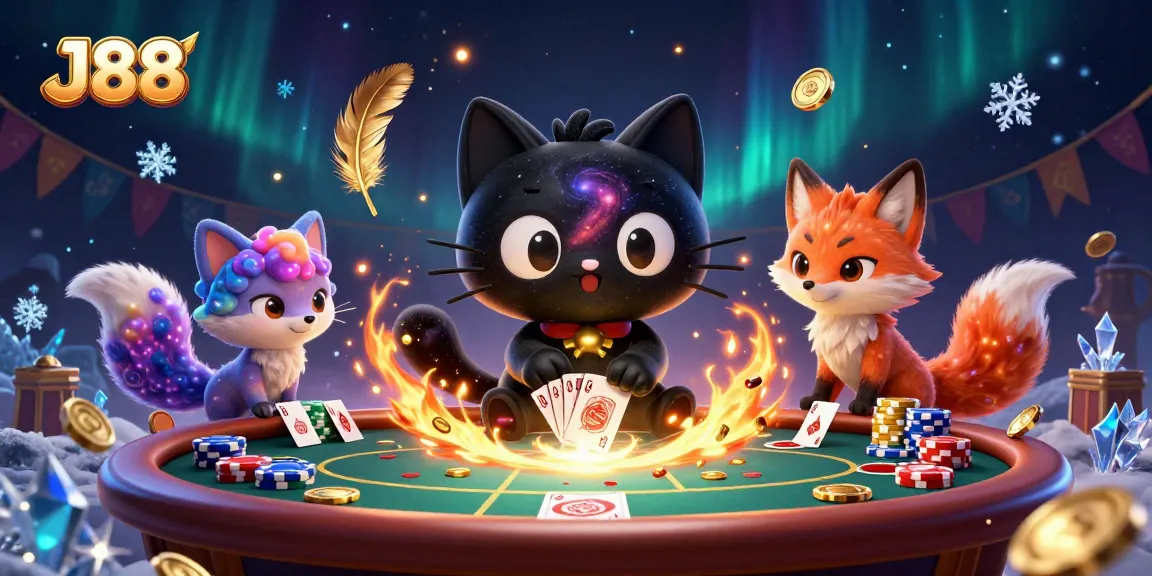 Engage in the cosmic gaming realm with J88 featuring a black hole cat and a nebula fox at the poker table.