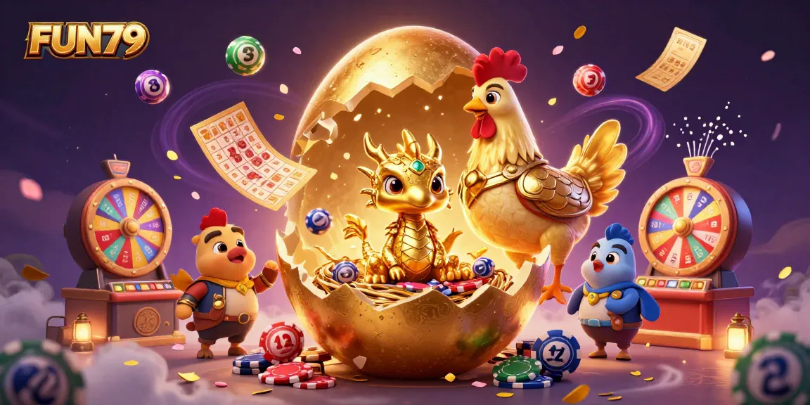Experience FUN79 gaming with a 3D golden dragon, poker chips, and vibrant lottery elements.