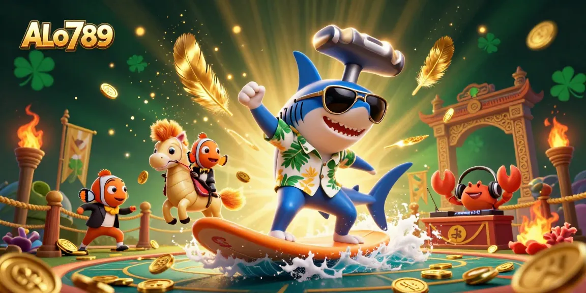 Join the excitement at ALo789 with a vibrant scene of a shark, clownfish, and DJ crab amidst gold coins!