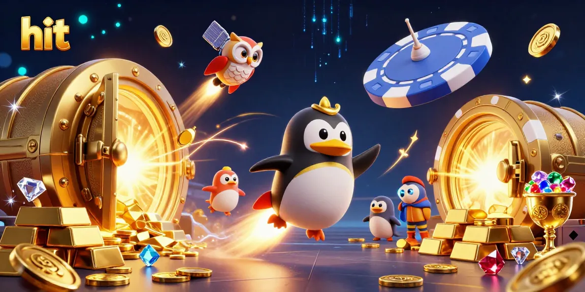 Hit big with exciting gaming elements surrounding the golden penguin in this vibrant casino scene.