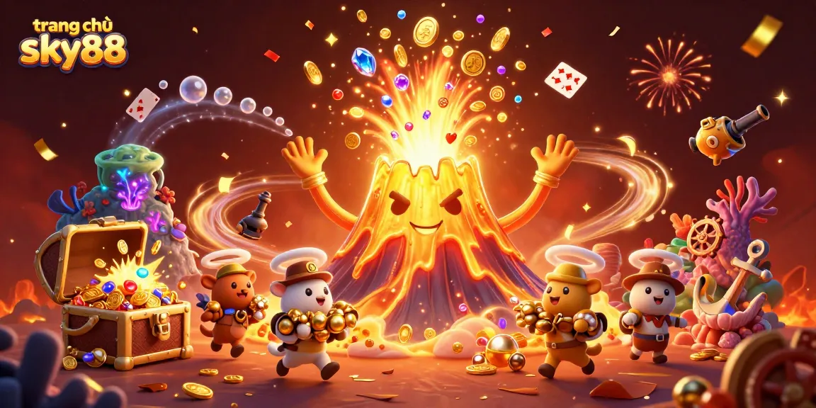 Experience the excitement of trang chủ sky88 with vibrant characters, treasures, and casino elements bursting with energy.