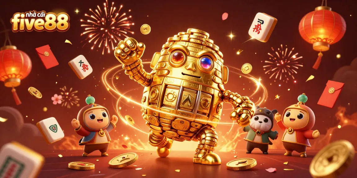 Engage with thrilling games at nhà cái five88, featuring bold golden golems and festive celebration elements.
