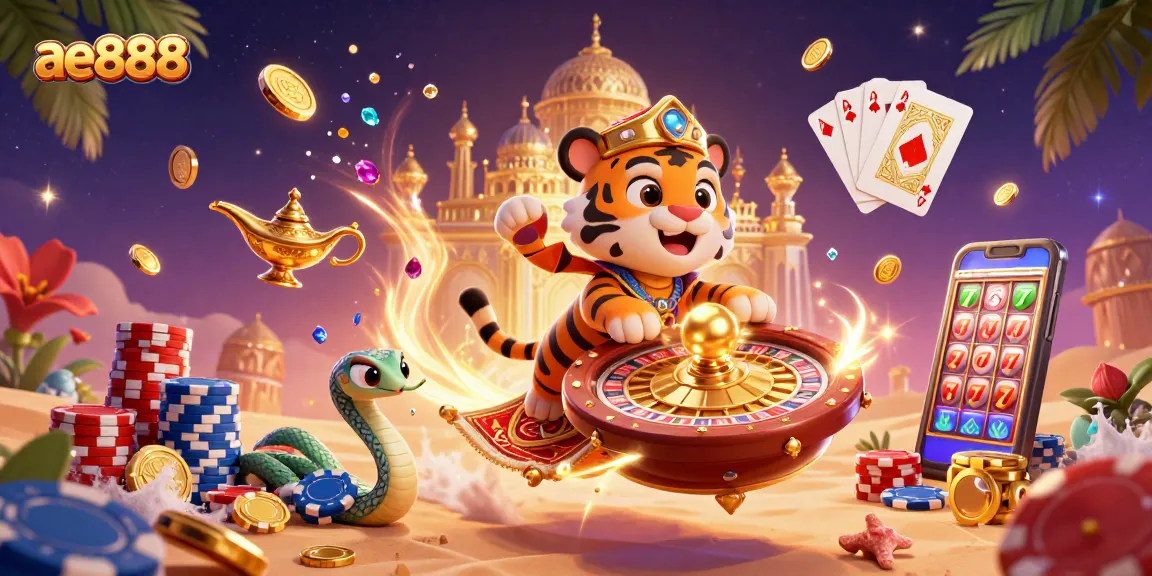Experience the thrill of ae888 with a dazzling 3D scene featuring a sultan, gold palace, and casino elements.