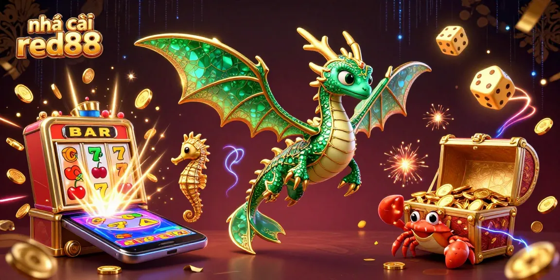 Join the action at nhà cái red88 with vibrant scenes of a jackpot celebration and colorful casino games.