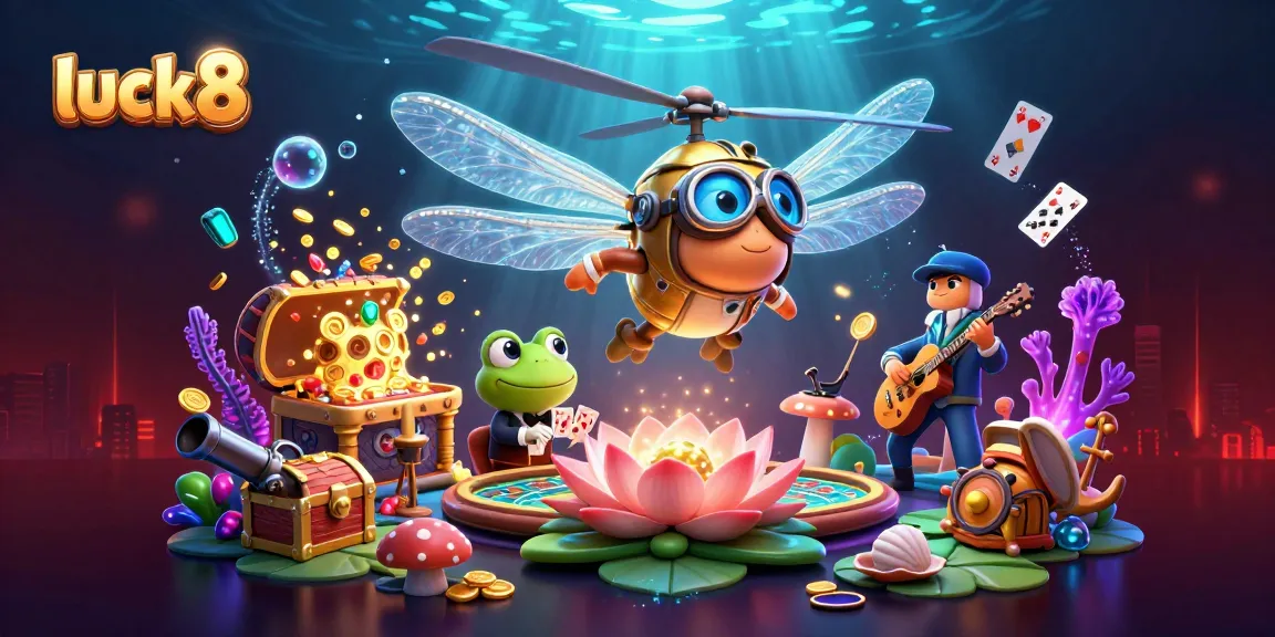 luck8 offers captivating gambling action with a vibrant casino scene featuring a dragonfly pilot and frog croupier.