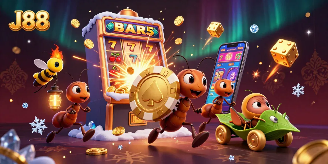 J88 engages players with a heist-themed illustration, showcasing ants, slot machines, and vivid casino elements.