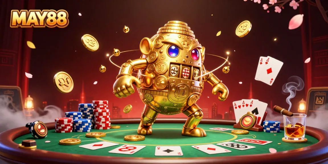 MAY88 theme showcasing a golden golem and poker elements in a vibrant casino setting.
