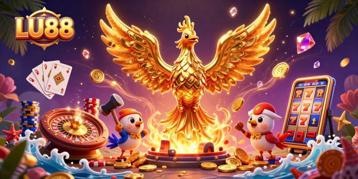 Experience dynamic gaming with LU88, as golden coins and vibrant game elements fly through an exciting casino scene.