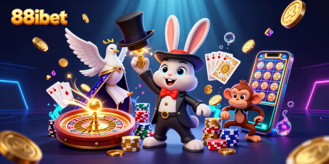 Spin the 88ibet roulette with a cartoon magician rabbit, shimmering coins, and poker chips flying!