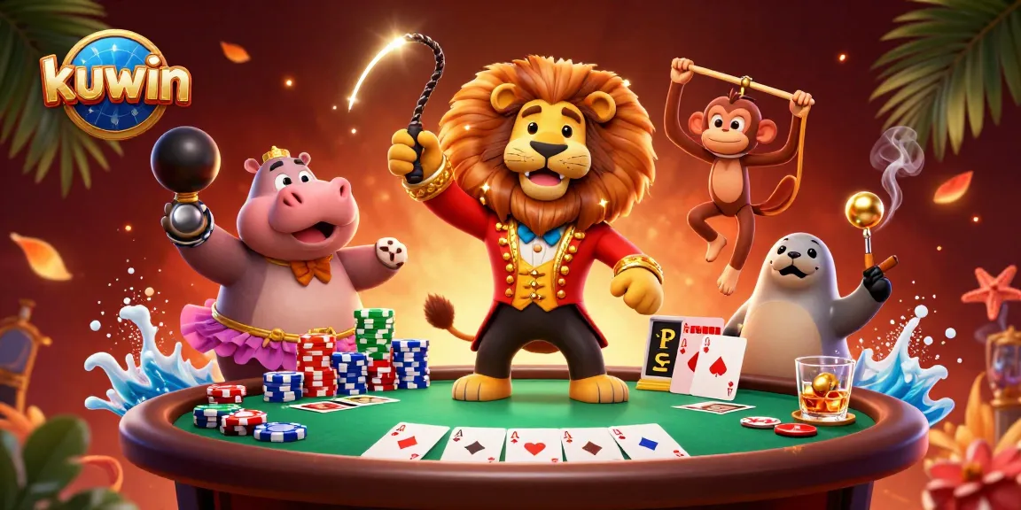 Kuwin showcases an exciting casino scene with a vibrant 3D circus theme, emphasizing thrilling poker gameplay.