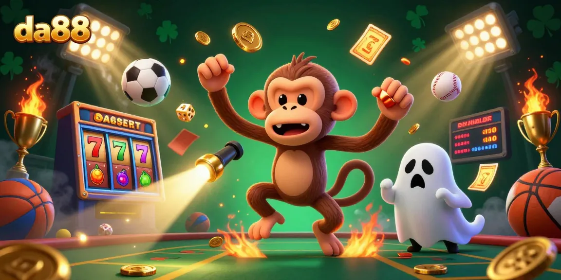 Experience thrilling slots with da88's haunted casino scene featuring a playful monkey and ghost-hunter puppy.