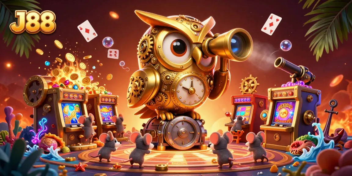 Engage with J88's thrilling atmosphere featuring a golden owl overseeing lively casino activities.