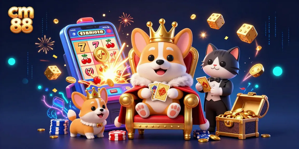 Experience the thrill of cm 88 with a royal corgi on a throne of poker chips amid jackpot excitement.