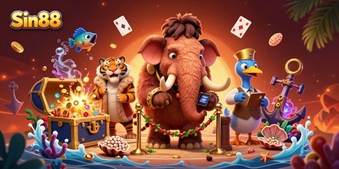 Experience the excitement at Sin88's casino with a vibrant illustration of dynamic characters and treasures.