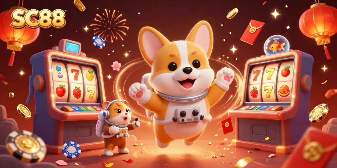 Experience the excitement of SC88 in space as a corgi plays in a bustling casino scene.