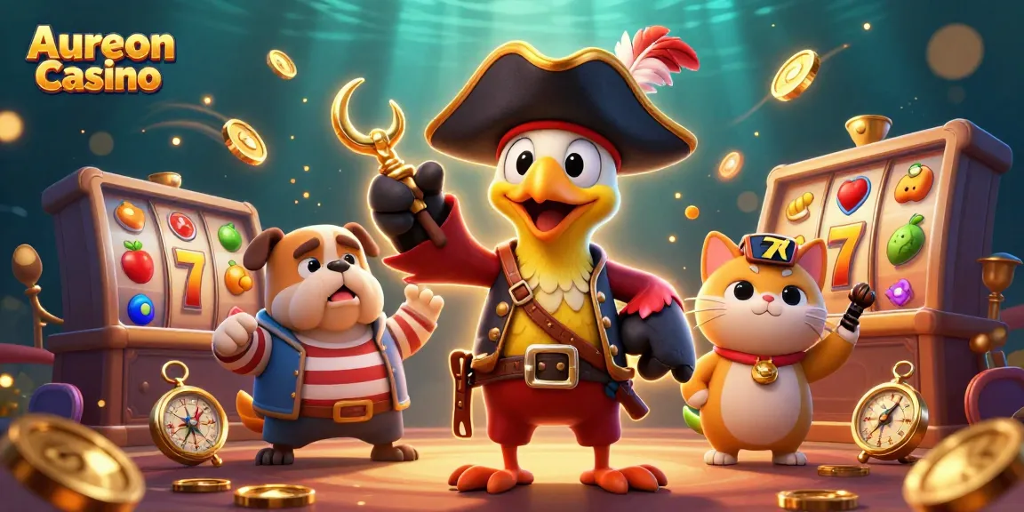 Aureon Casino features a vibrant pirate-themed 3D scene with animated slot reels and playful characters.