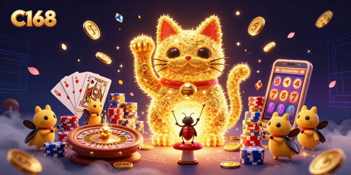 C168 showcases a giant lucky cat made of fireflies while celebrating a thrilling casino atmosphere with vibrant elements.