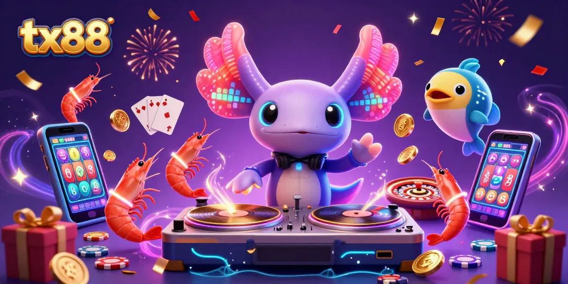 Experience thrilling games with tx88's vibrant axolotl DJ and excited underwater friends.